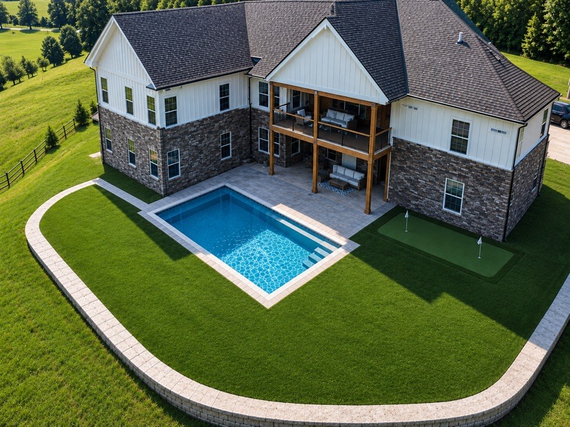 Pool & putting green, aerial view | S & J Synthetic Turf